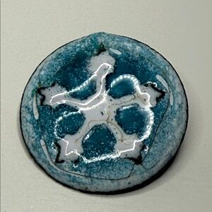 Blue White glazed Ceramic snowflake on copper unusual vintage winter brooch pin